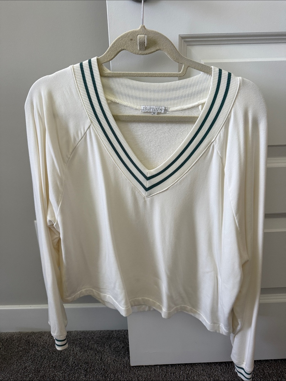 Z Supply Cream V-Neck Sweater with Green Stripe Trim